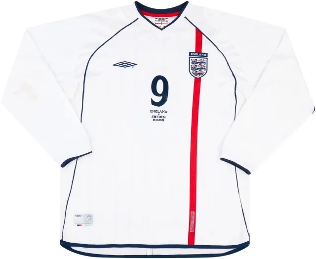 Umbro 2001 England Match Worn Home L/S Shirt Heskey #9 (v Sweden)