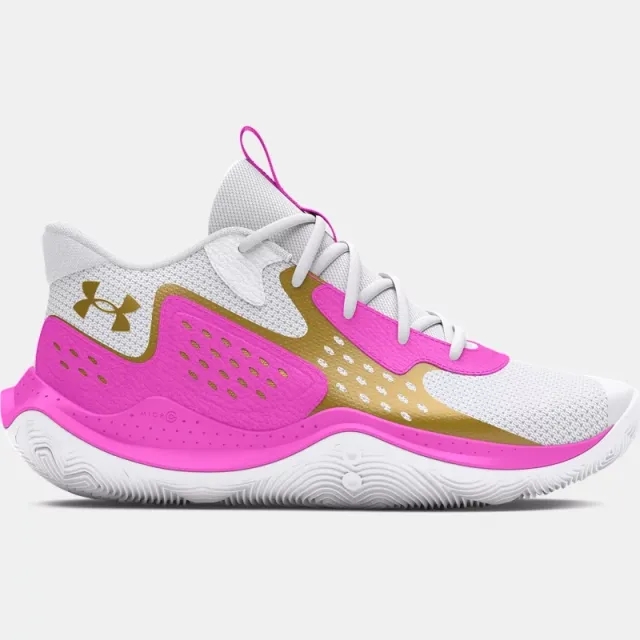 Unisex  Under Armour  Jet '23 Basketball Shoes White / Vivid Magenta / Metallic Gold 8