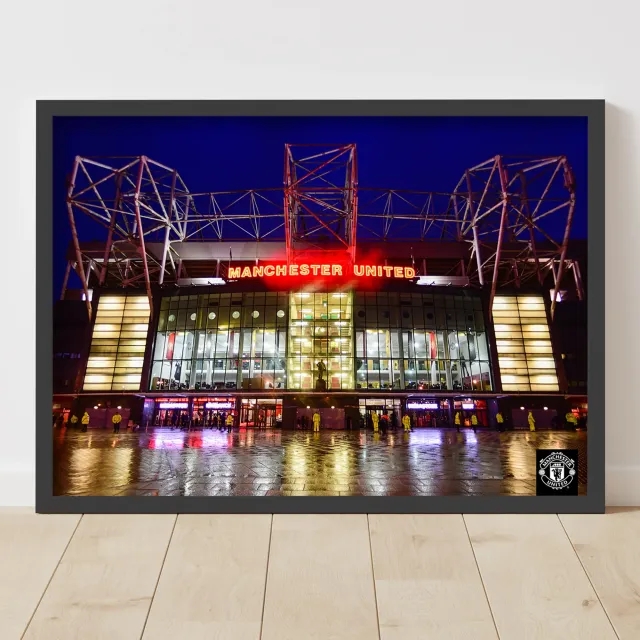 Manchester United Old Trafford Forecourt at Night Framed Print - A2