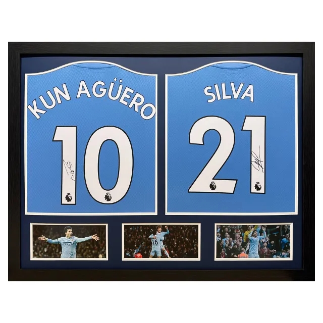 Manchester City Sergio Aguero & David Silva Double Signed Shirt Display