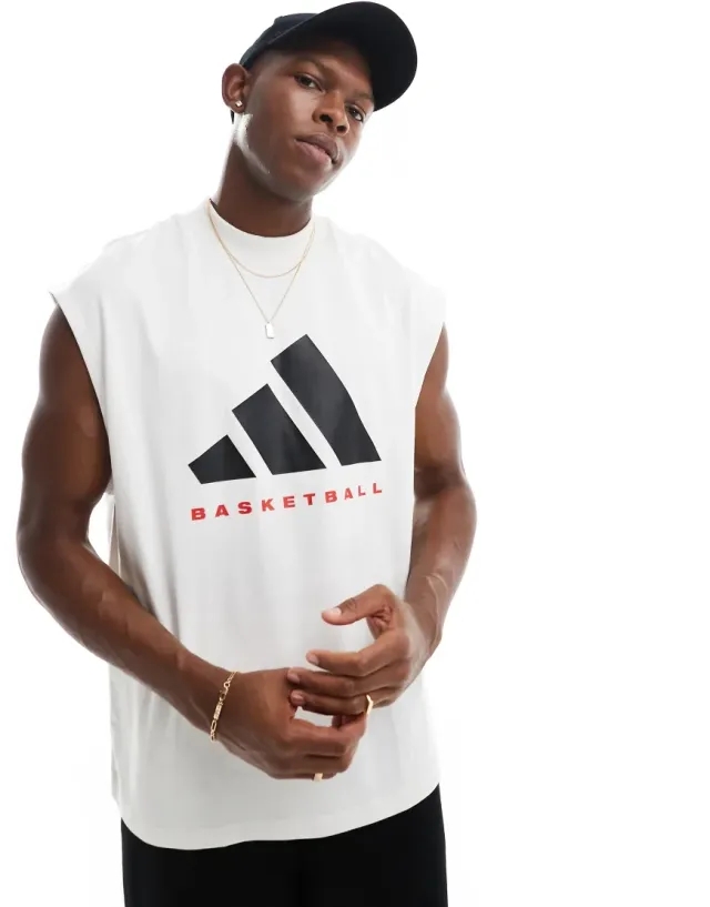 Adidas Basketball Sleeveless Tee In White, Black & Red
