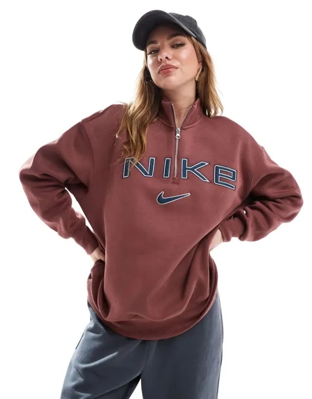 Nike Swoosh Longsleeve Half Zip Top In Burgandy-Red