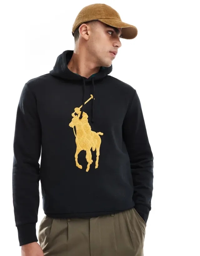 Polo Ralph Lauren Large Gold Player Fleece Hoodie In Black