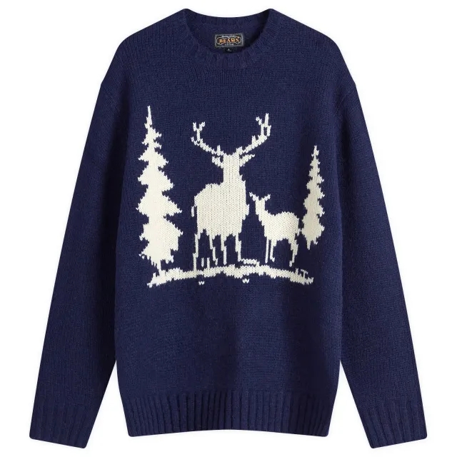 Beams Plus Men's Intarsia Stag Jumper Navy