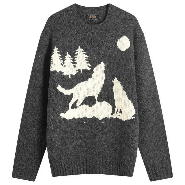 Beams Plus Men's Intarsia Wolf Jumper Charcoal
