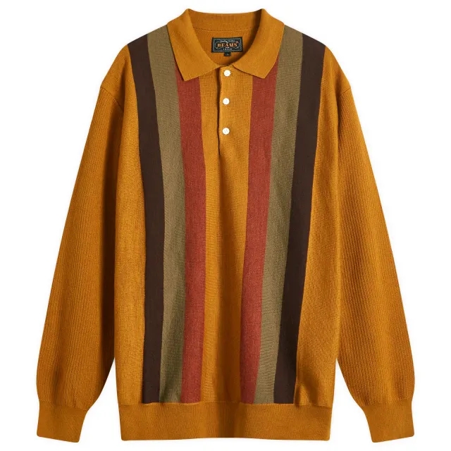 Beams Plus Men's Long Sleeve Stripe Knit Polo Mustard