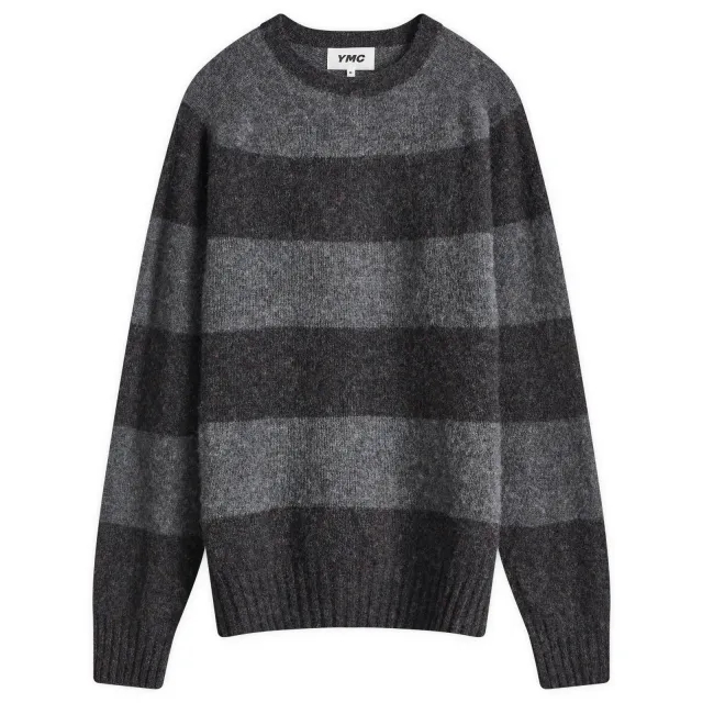 YMC Men's Suedehead Knit Jumper Grey Stripe