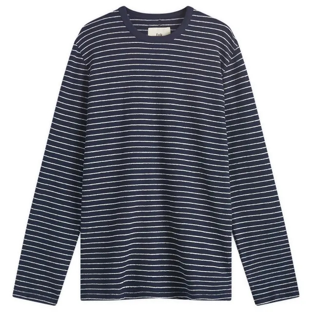 Folk Men's Long Sleeve Textured Stripe T-Shirt Navy/Silver