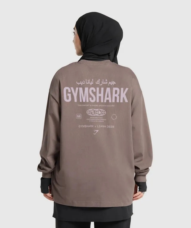 Gymshark GS X Leana Deeb Graphic Oversized Long Sleeve Top - Dusty Brown