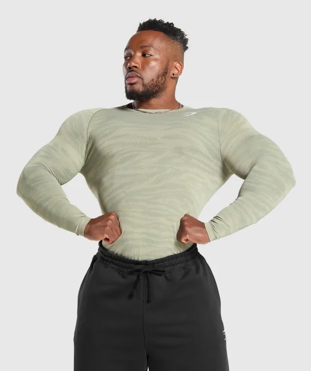 Gymshark Geo Animal Seamless Long Sleeve T-Shirt - Chalk Green/Unit Green