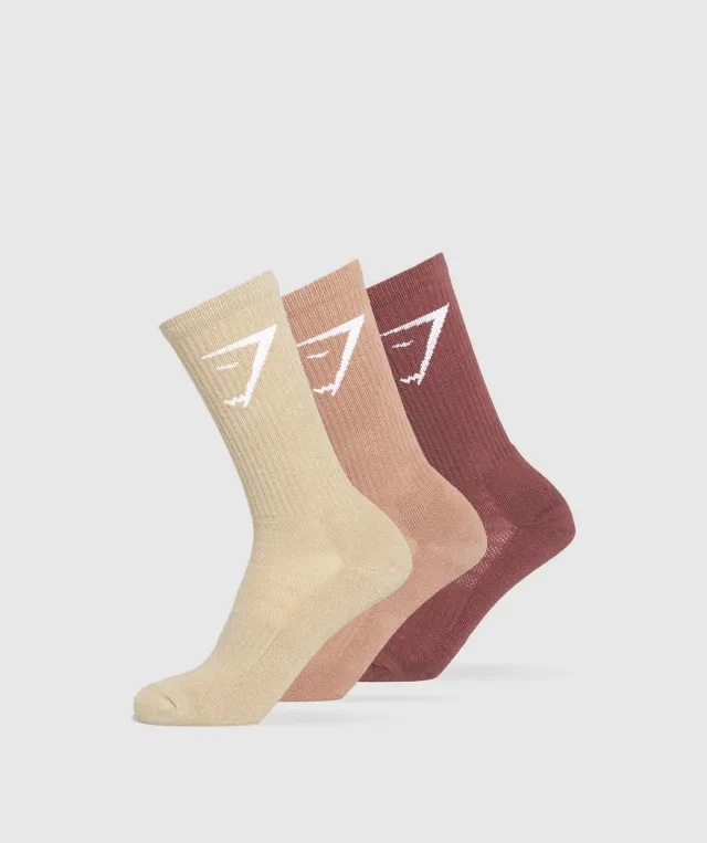 Gymshark Crew Socks 3pk - Burgundy Brown/Autumn Brown/Vanilla Beige