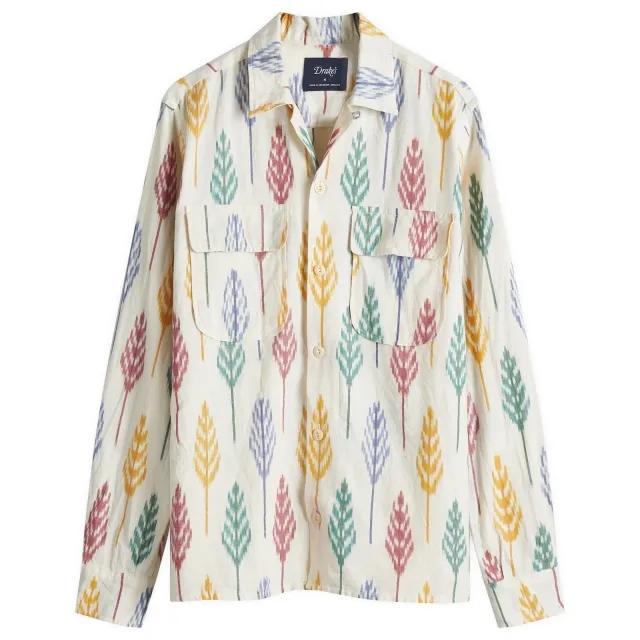 Drake's Men's Camp Collar Ikat Shirt Ecru Multi