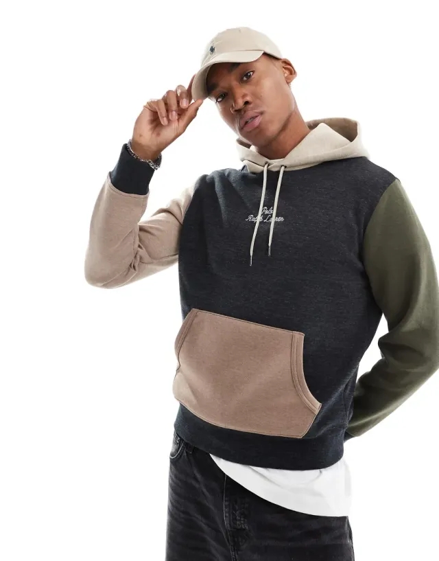 Polo Ralph Lauren Central Script Logo Colourblock Double Knit Hoodie In Black Marl Multi