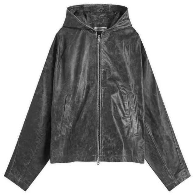 Cole Buxton Men's Hooded Leather Jacket Cracked Black
