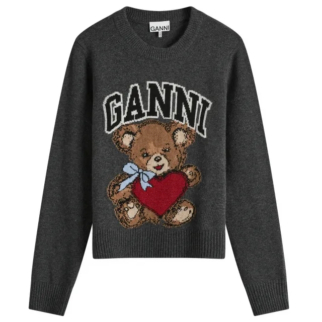GANNI Women's Graphic Wool Mix Bear Jumper Gray Quill