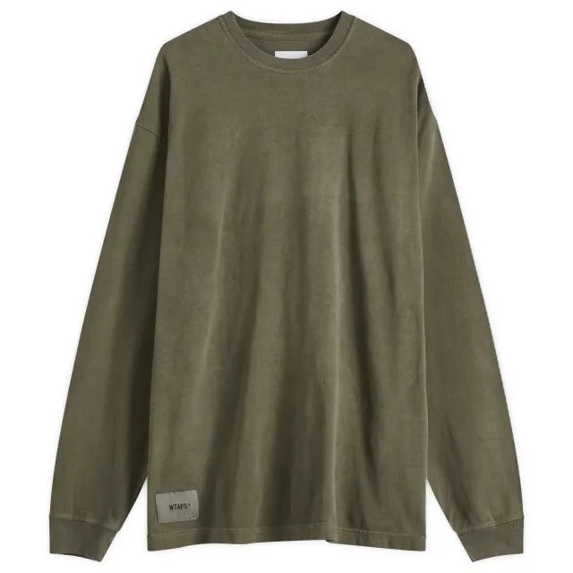 WTAPS Men's 09 Garment Dyed Long Sleeve Back Logo T-Shirt Olive Drab