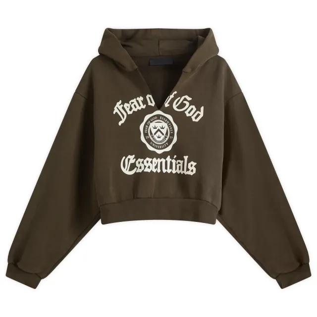 Fear of God ESSENTIALS Women's Heavy Fleece Cropped V-Neck Hoodie Brown