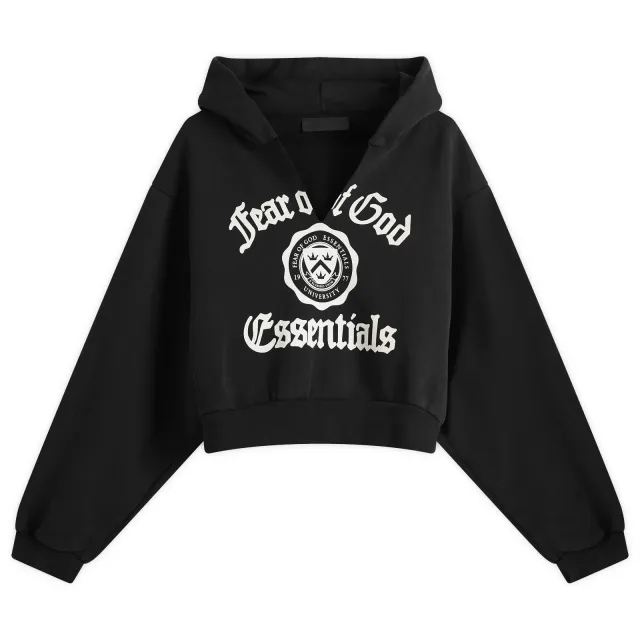 Fear of God ESSENTIALS Women's Heavy Fleece Cropped V-Neck Hoodie Black
