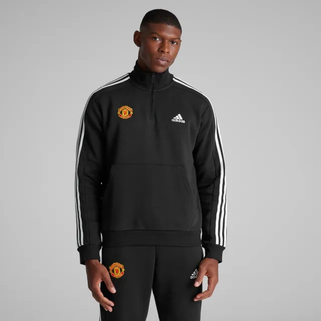 Manchester United x adidas Mens Essentials 3-Stripes 1/4 Zip Sweatshirt Black