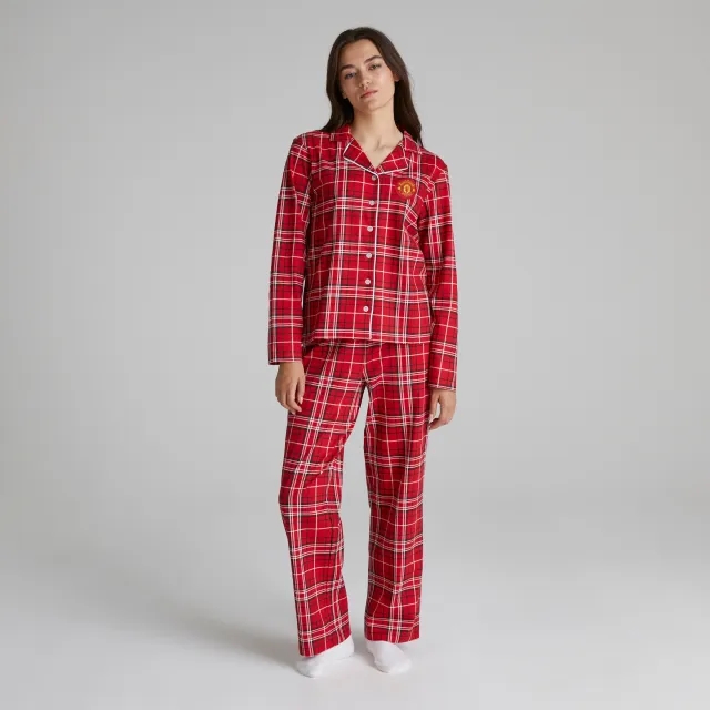 BRECREST Manchester United Womens Check Long Sleeve Pyjama Set Red