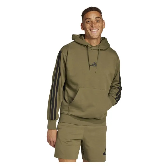 adidas Essential Three Stripes Fleece Hoodie, Olive Strata/Black