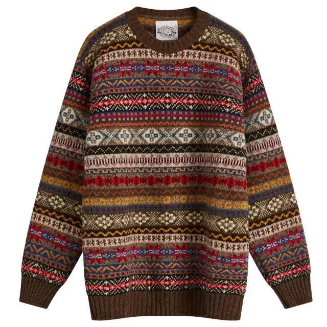 Jamieson's of Shetland Men's Fair Isle Crew Brown