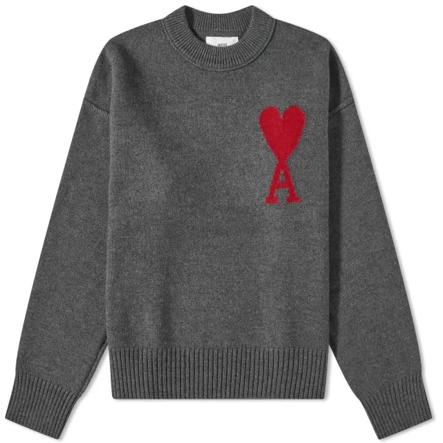 AMI Paris Men's Large A Heart Crew Knit Heather Grey/Red