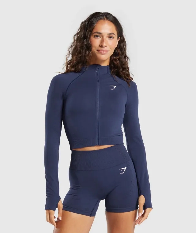 Gymshark Vital Seamless 2.0 Midi Zip Up Jacket - Heavy Blue/ Marl