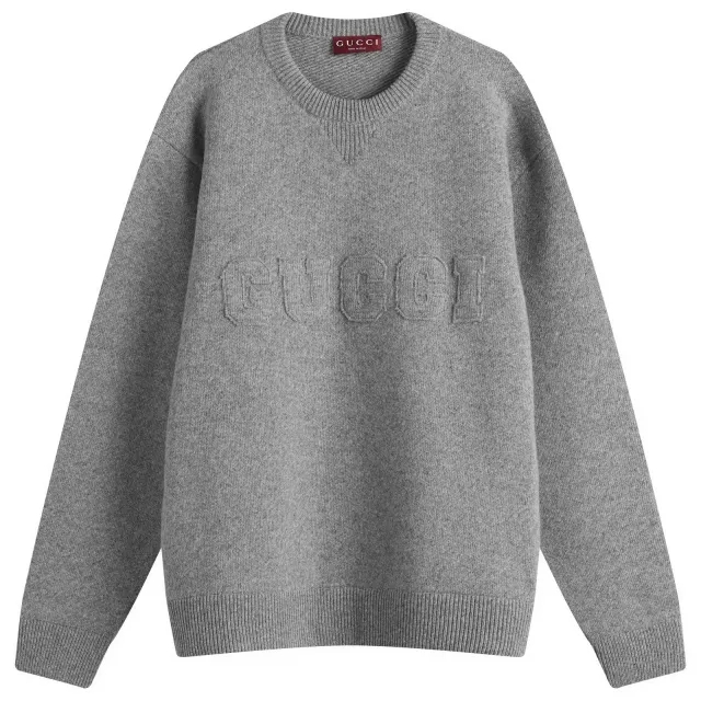 Gucci Men's Logo Embossed Wool Crew Neck Knit Medium Grey