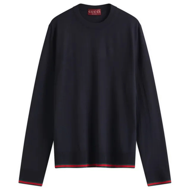 Gucci Men's Fine Gauge Wool Crew Neck Knit Ink/Green/Red