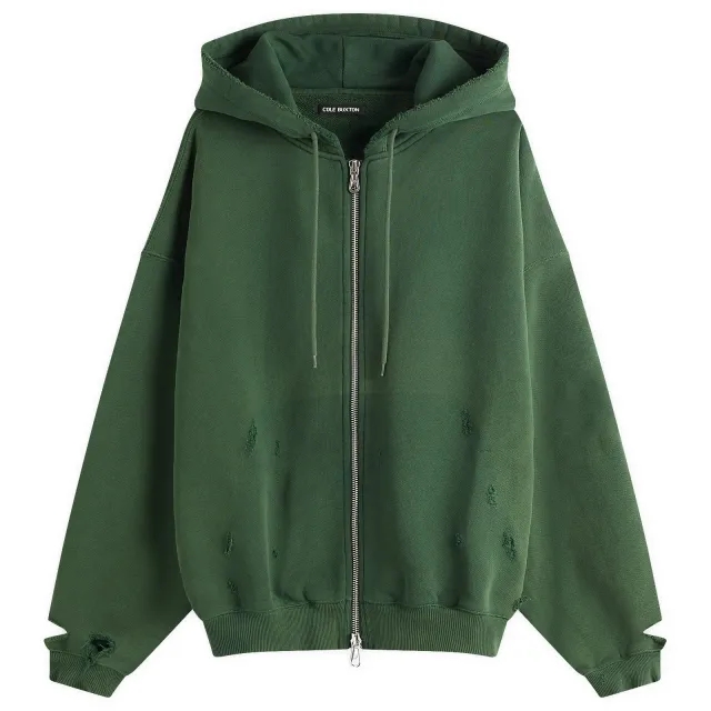 Cole Buxton Men's Distressed Removed Pocket Zip Hoodie Washed Forest Green