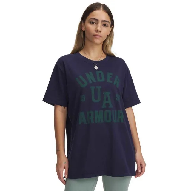 Women's  Under Armour  Heavyweight Oversized Collegiate Short Sleeve Midnight Navy / Team Kelly Green / White XS