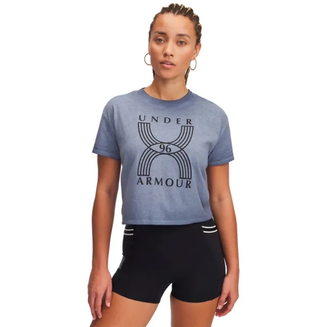 Women's  Under Armour  Run 96 Graphic Short Sleeve Downpour Gray / Black / Fire XS