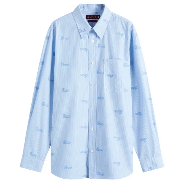 Gucci Men's Script Print Shirt Azure/White