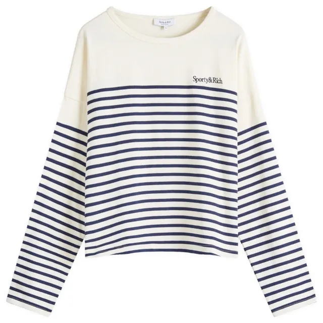 Sporty & Rich Women's Serif Logo Mariniere Sweater Off White/Navy Strip Navy