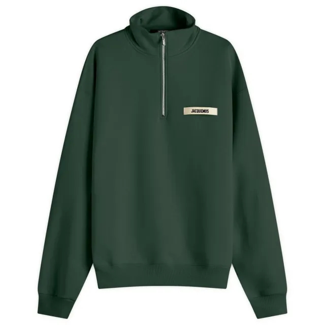Jacquemus Men's Grosgrain Patch Logo Half Zip Sweatshirt Dark Green 2