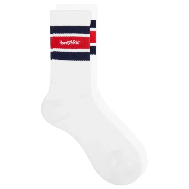 Sporty & Rich Women's Serif Logo Striped Socks White Navy/Crimson