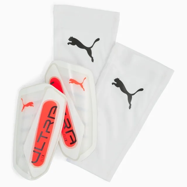 PUMA Ultra Flex Football Sleeves Shinguards, White/Glowing Red