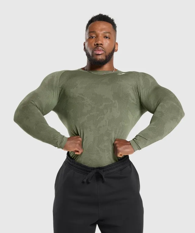 Gymshark Geo Seamless Long Sleeve T-Shirt - Core Olive/Deep Olive Green