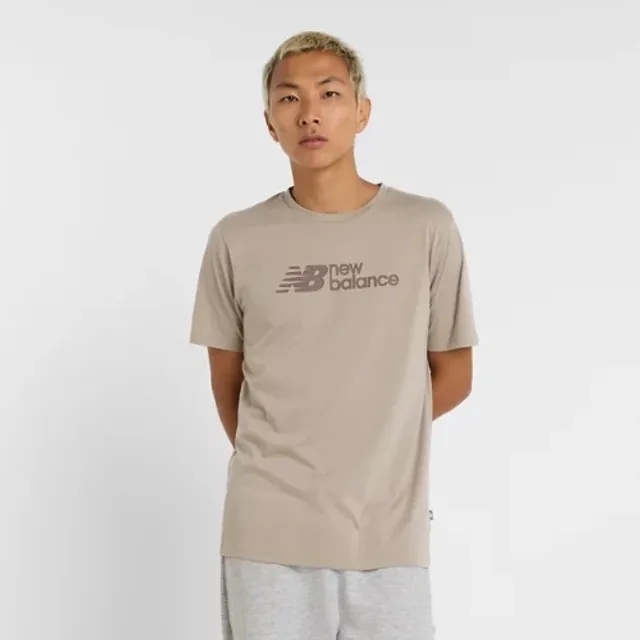 New Balance Men's Heathertech Linear T-Shirt in Beige Poly Knit