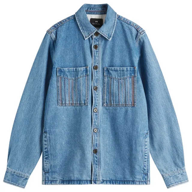 Paul Smith Men's Stripe Embroidered Denim Shirt Jacket Blue