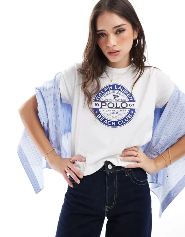 Polo Ralph Lauren Chest Print T-Shirt In White And Blue