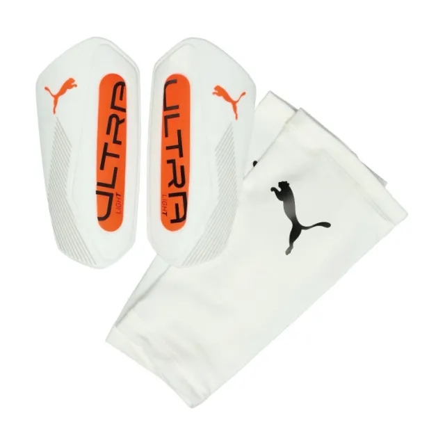 PUMA Ultra Light Football Sleeve Shinguards, White/Glowing Red
