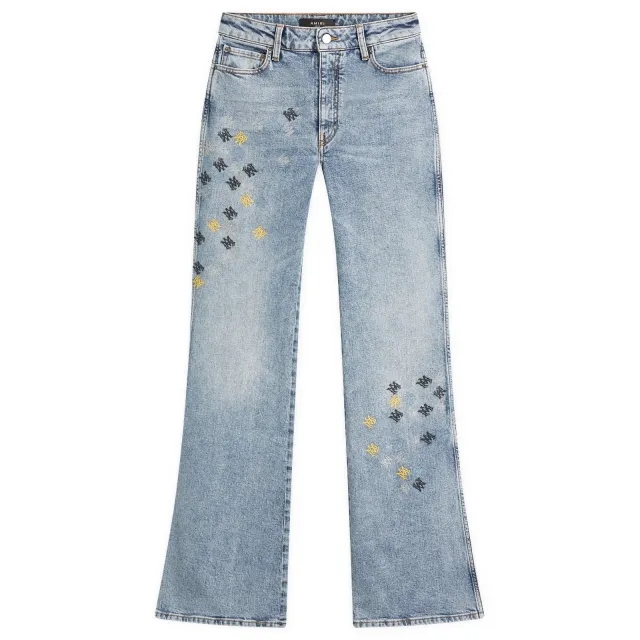 AMIRI Women's Quad Embroidered Slit Flare Trousers Stone Indigo
