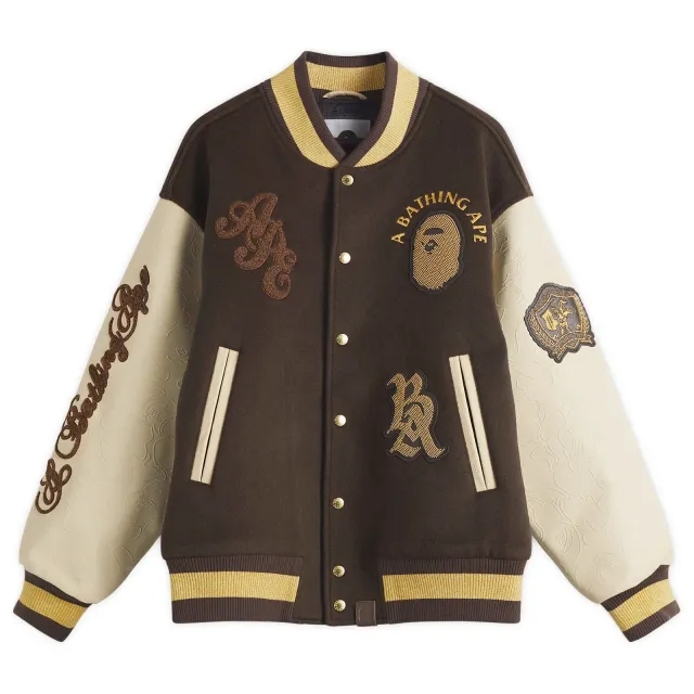 A Bathing Ape Men's Line Camoulti Logo Wool Varsity Jacket Brown