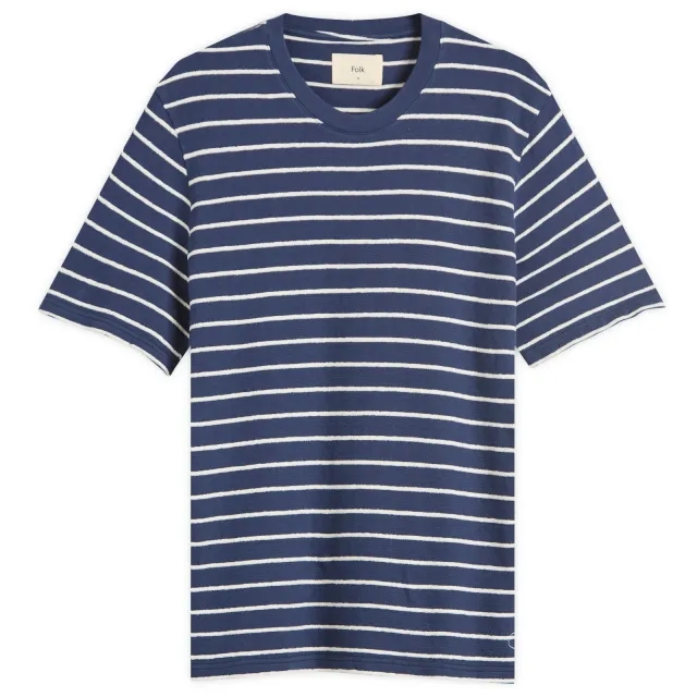 Folk Men's Textured Stripe T-Shirt Soft Navy/Ecru