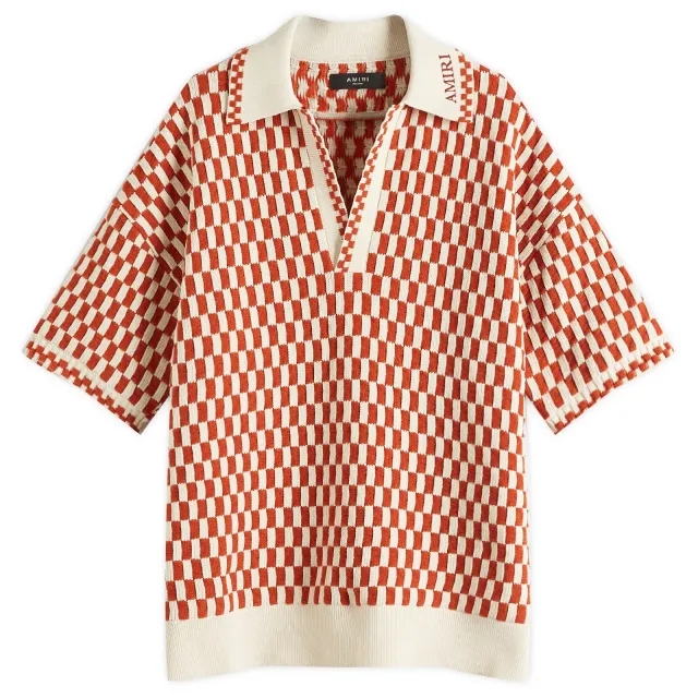 AMIRI Men's Checkered Oversized Woven Polo Burnt Orange