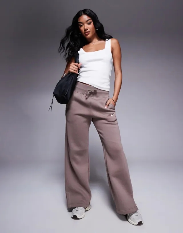 Women's Nike Phoenix Fleece Wide Leg Pants in Brown