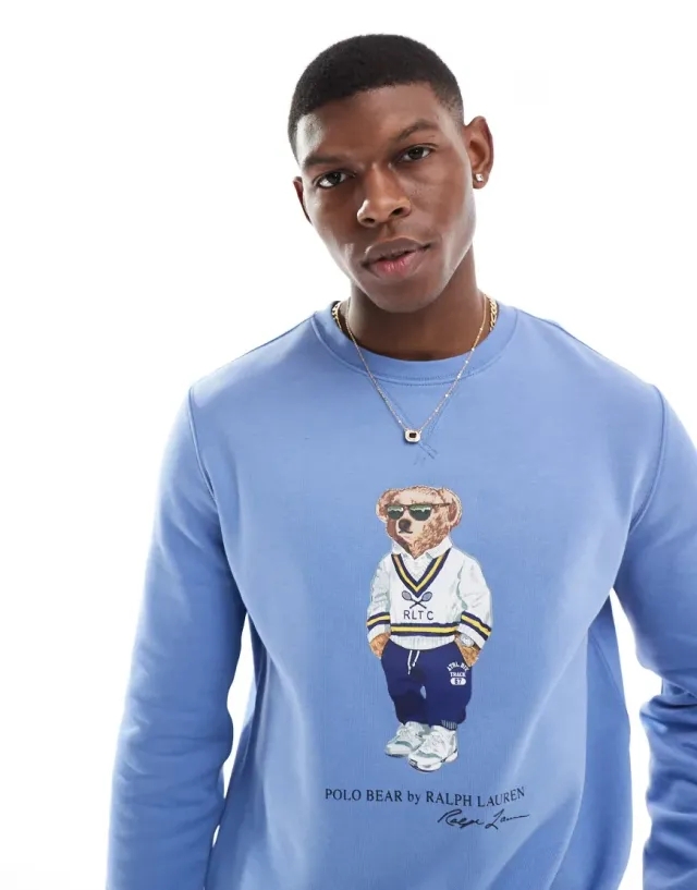 Polo Ralph Lauren Campus Bear Print Fleece Sweatshirt In Mid Blue