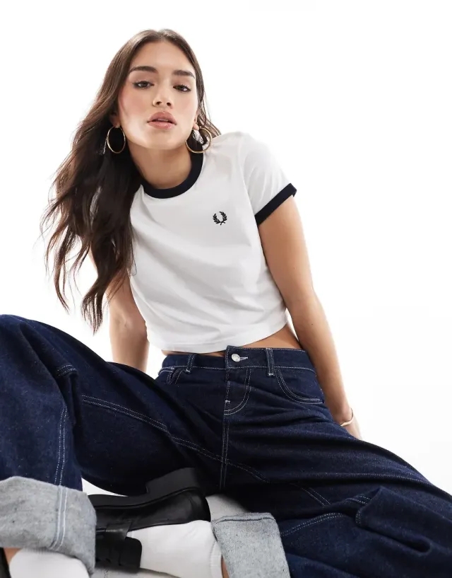 Fred Perry Cropped Ringer T-Shirt In Off White